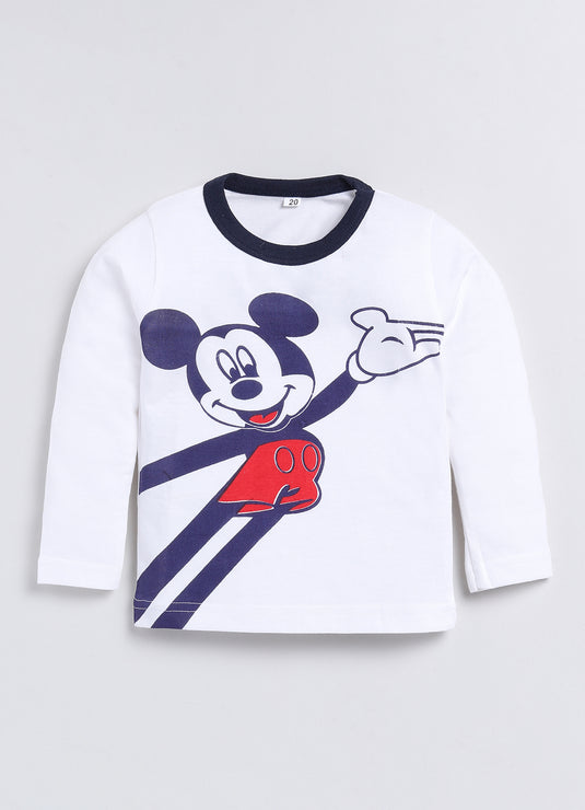 Mickey Print Cotton Sinker Nightwear Full Sleeves Clothing Set (White & Navy)