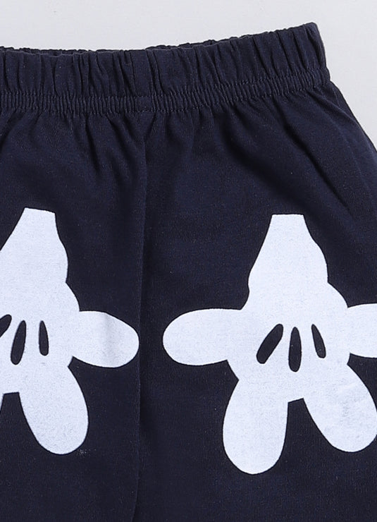Mickey Print Cotton Sinker Nightwear Full Sleeves Clothing Set (White & Navy)