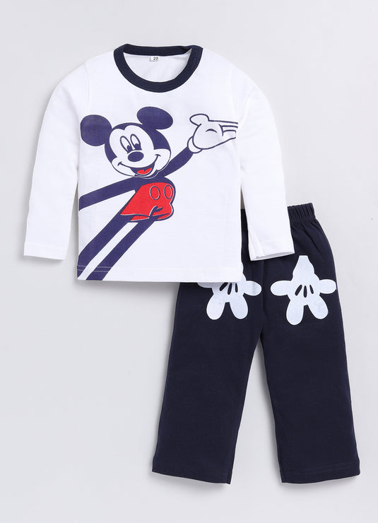 Mickey Print Cotton Sinker Nightwear Full Sleeves Clothing Set (White & Navy)