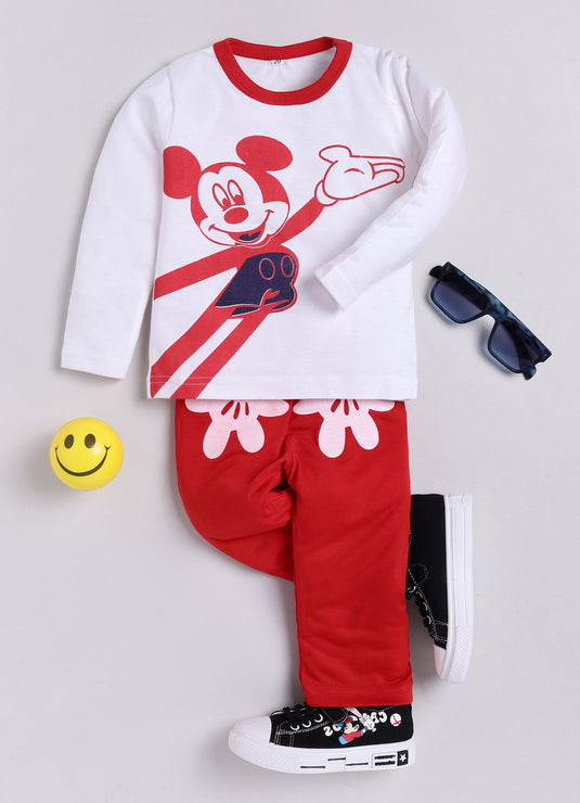 Mickey Print Cotton Sinker Nightwear Full Sleeves Clothing Set (White & Red)