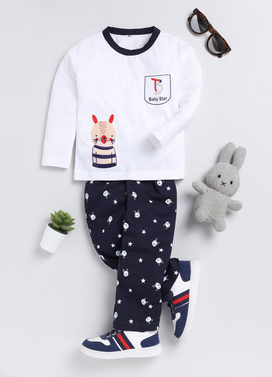 Bunny Print Cotton Sinker Nightwear Full Sleeves Clothing Set White