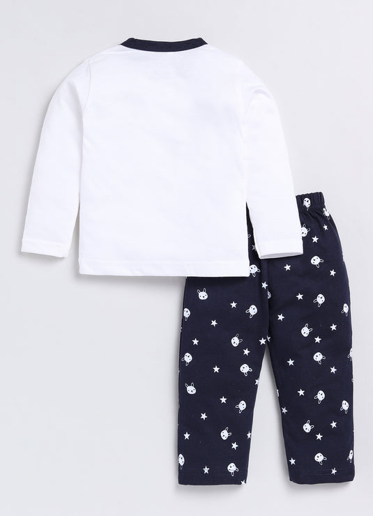 Bunny Print Cotton Sinker Nightwear Full Sleeves Clothing Set White