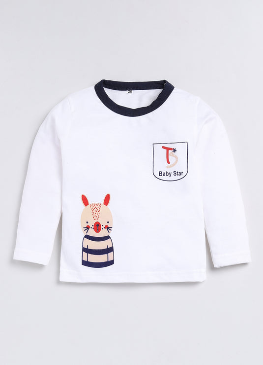 Bunny Print Cotton Sinker Nightwear Full Sleeves Clothing Set White