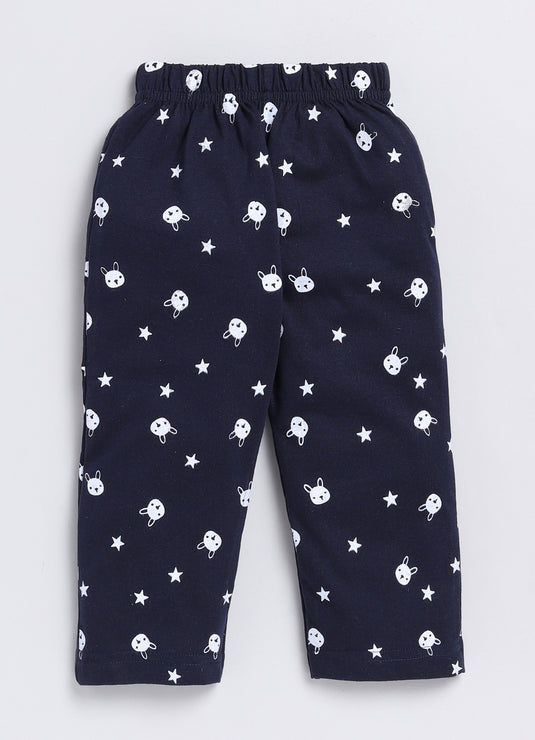 Bunny Print Cotton Sinker Nightwear Full Sleeves Clothing Set White