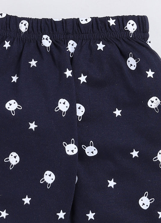 Bunny Print Cotton Sinker Nightwear Full Sleeves Clothing Set White