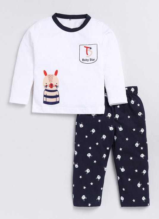 Bunny Print Cotton Sinker Nightwear Full Sleeves Clothing Set White
