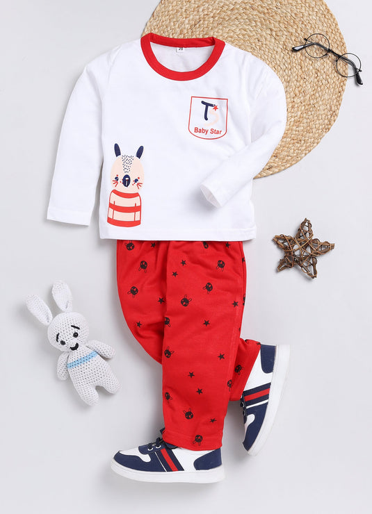 Bunny Print Cotton Sinker Nightwear Full Sleeves Clothing Set Red