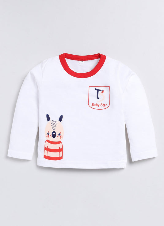 Bunny Print Cotton Sinker Nightwear Full Sleeves Clothing Set Red