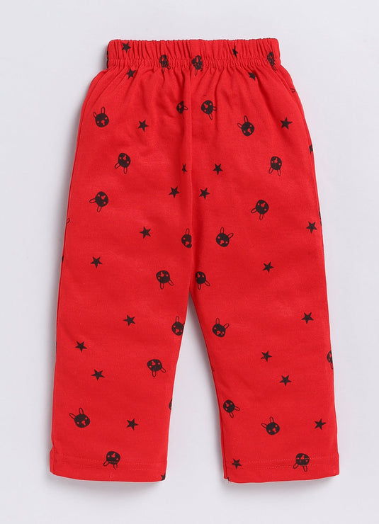 Bunny Print Cotton Sinker Nightwear Full Sleeves Clothing Set Red