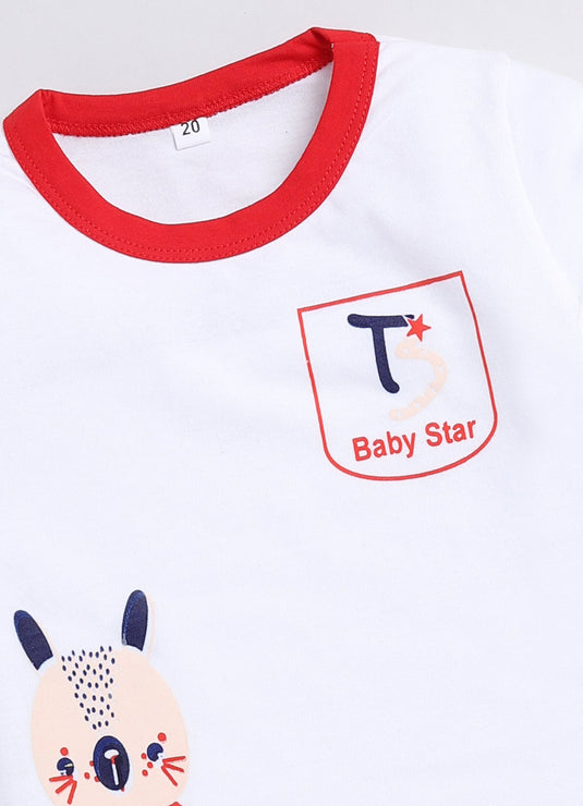 Bunny Print Cotton Sinker Nightwear Full Sleeves Clothing Set Red