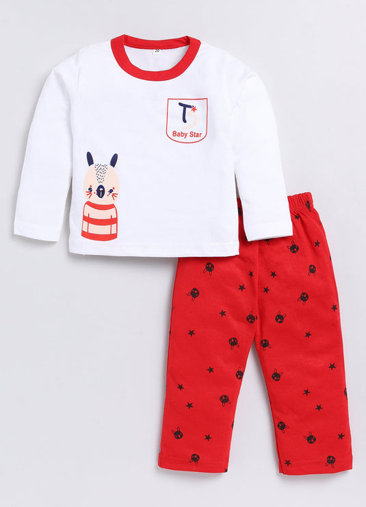 Bunny Print Cotton Sinker Nightwear Full Sleeves Clothing Set Red