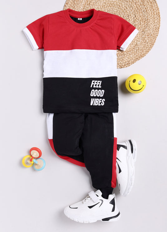 Feel Good Vibes Cotton Sinker Sweatshirt & Jogger Full Sleeves Clothing Set (Red , White, Black)