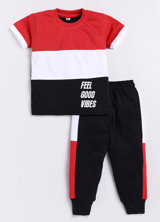 Feel Good Vibes Cotton Sinker Sweatshirt & Jogger Full Sleeves Clothing Set (Red , White, Black)