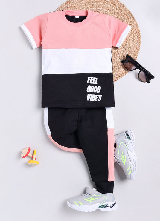 Feel Good Vibes Cotton Sinker Sweatshirt & Jogger Full Sleeves Clothing Set (ROSE White Black)
