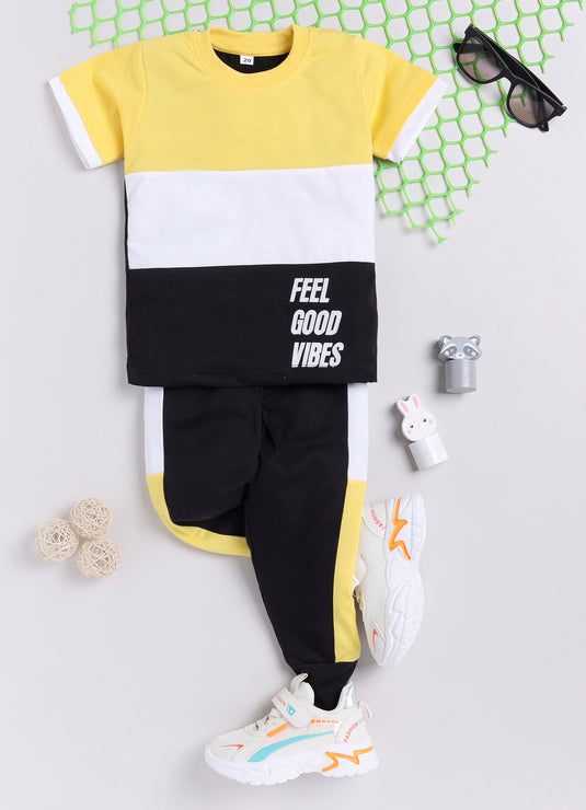 Feel Good Vibes Cotton Sinker Sweatshirt & Jogger Full Sleeves Clothing Set (Yellow White Black)