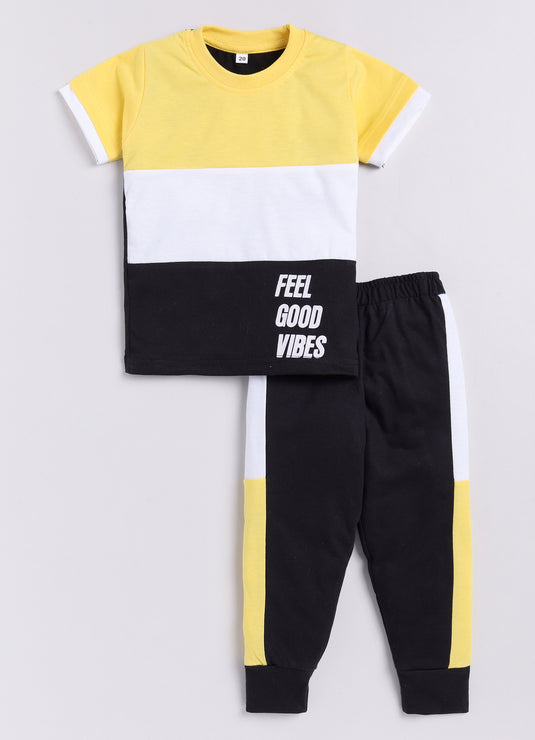 Feel Good Vibes Cotton Sinker Sweatshirt & Jogger Full Sleeves Clothing Set (Yellow White Black)