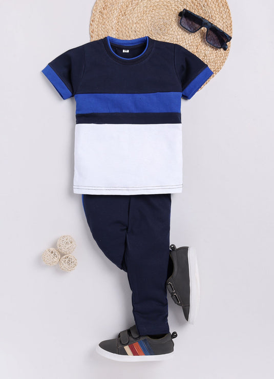 Stripes Chest Cotton Sinker Tee & Jogger Half Sleeve Clothing Set (Blue & White)
