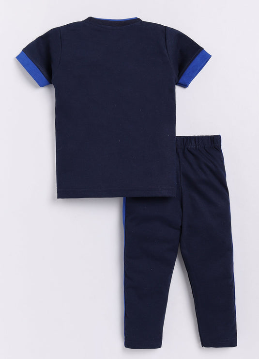 Stripes Chest Cotton Sinker Tee & Jogger Half Sleeve Clothing Set (Blue & White)
