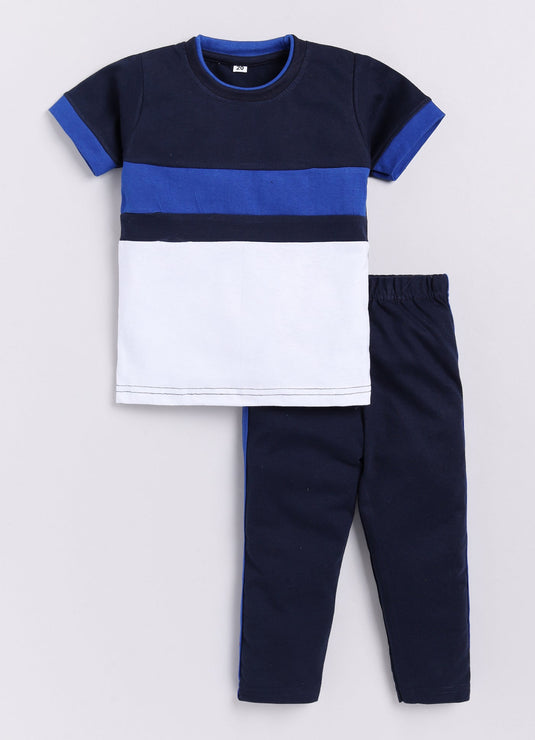 Stripes Chest Cotton Sinker Tee & Jogger Half Sleeve Clothing Set (Blue & White)