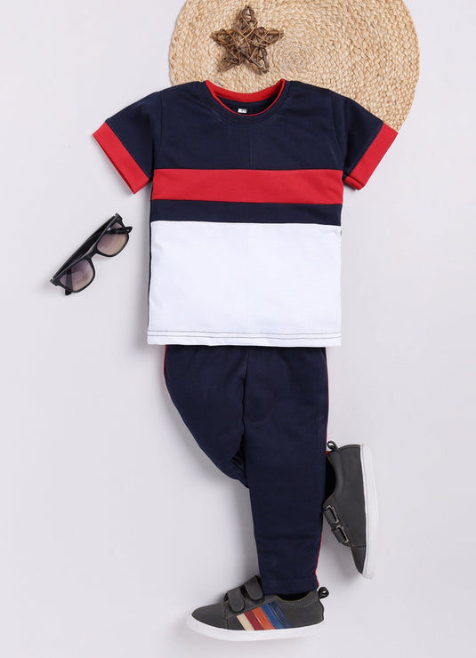 Stripes Chest Cotton Sinker Tee & Jogger Half Sleeve Clothing Set