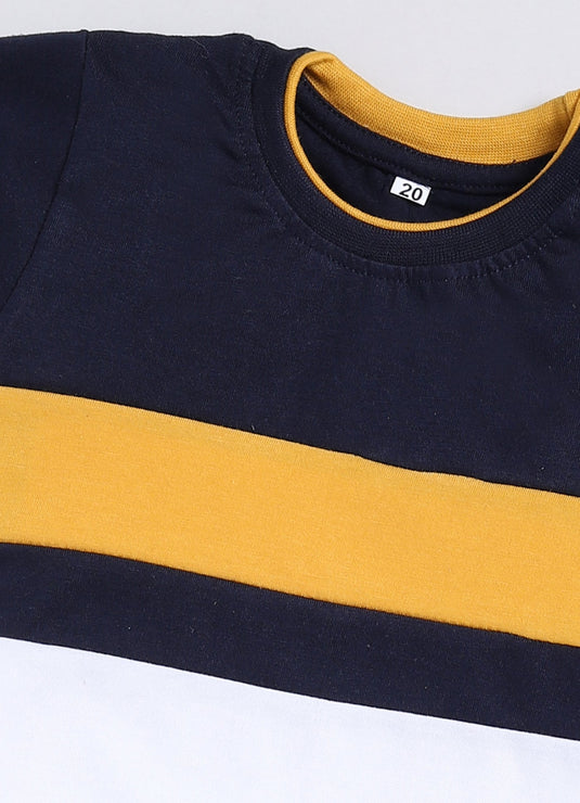 Stripes Chest Cotton Sinker Tee & Jogger Half Sleeve Clothing Set (Yellow & White)