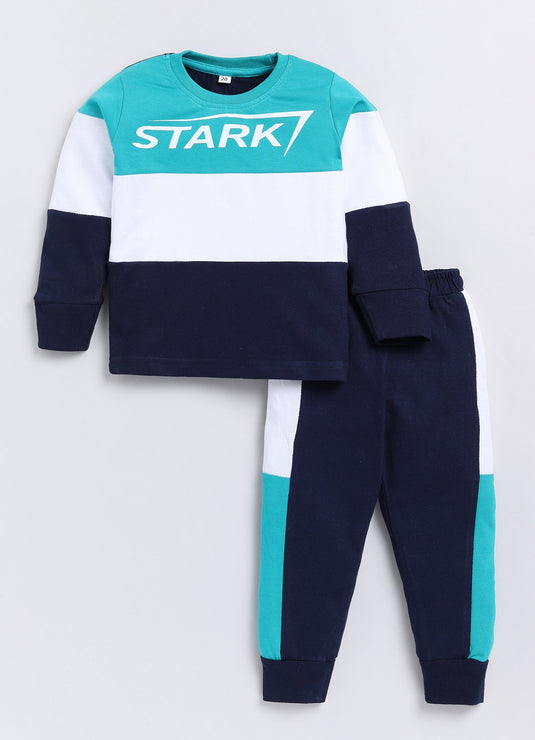 Stark Cotton Sinker Sweatshirt & Jogger Full Sleeves Clothing Set(Seagreen White Navy)