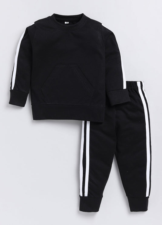Stripes Cotton Sinker Sweatshirt & Jogger Full Sleeves Clothing Set(Black)