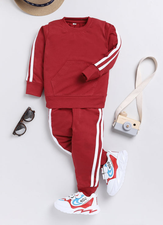 Stripes Cotton Sinker Sweatshirt & Jogger Full Sleeves Clothing Set (Maroon)