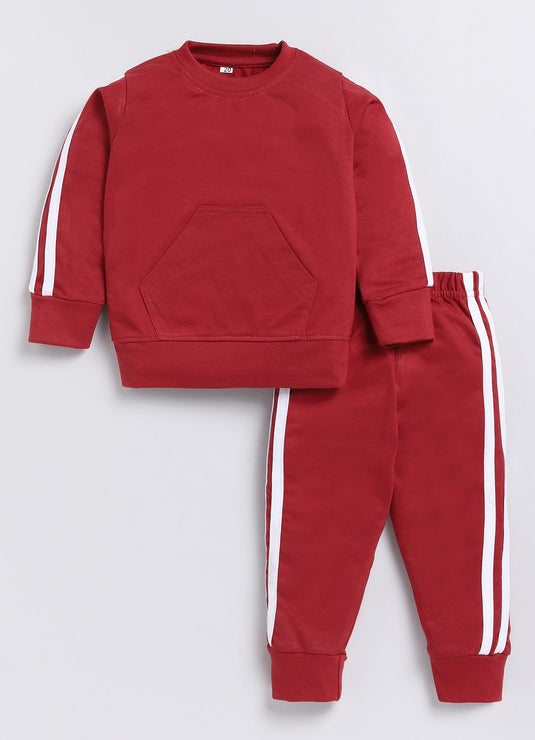 Stripes Cotton Sinker Sweatshirt & Jogger Full Sleeves Clothing Set (Maroon)