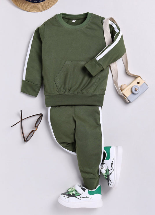 Stripes Cotton Sinker Sweatshirt & Jogger Full Sleeves Clothing Set (Mehendi)