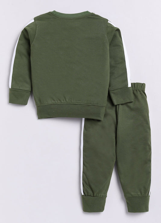 Stripes Cotton Sinker Sweatshirt & Jogger Full Sleeves Clothing Set (Mehendi)