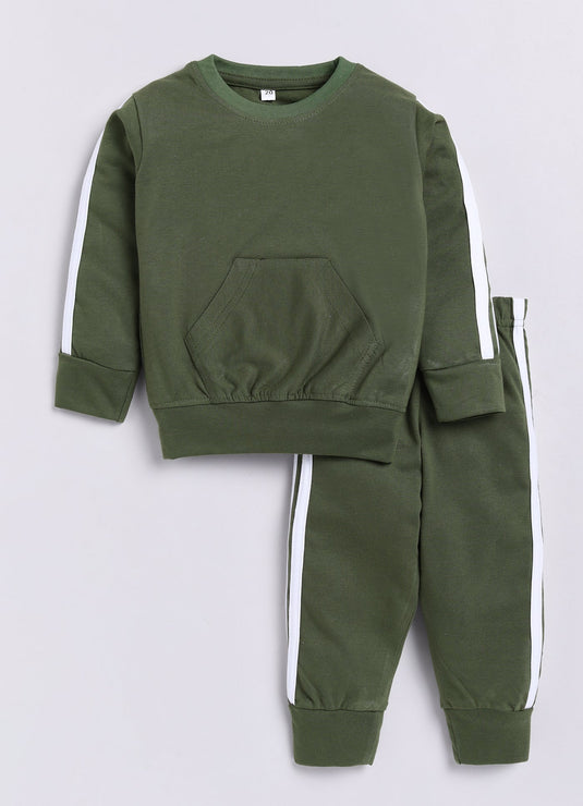 Stripes Cotton Sinker Sweatshirt & Jogger Full Sleeves Clothing Set (Mehendi)