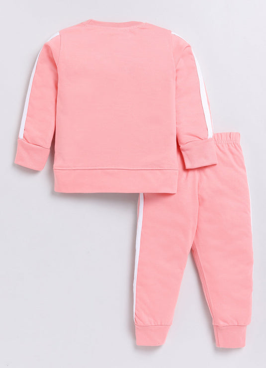 Stripes Cotton Sinker Sweatshirt & Jogger Full Sleeves Clothing Set(Rose)