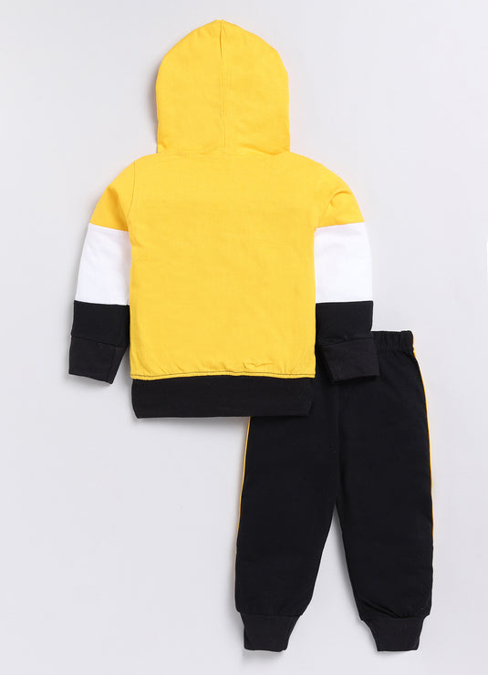 Streetwear contrast colour Cotton Sinker Hoodie & Jogger Full Sleeves Clothing Set (Yellow White & Black)