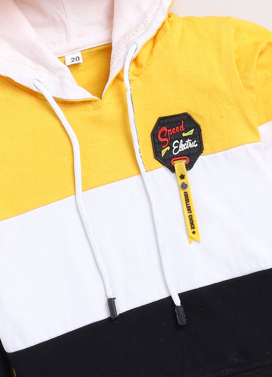 Streetwear contrast colour Cotton Sinker Hoodie & Jogger Full Sleeves Clothing Set (Yellow White & Black)
