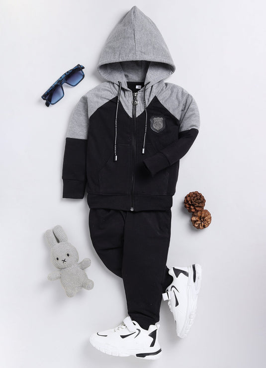 Streetwear Zipper Cotton Sinker Hoodie & Jogger Full Sleeves Clothing Set (Grey & Black)