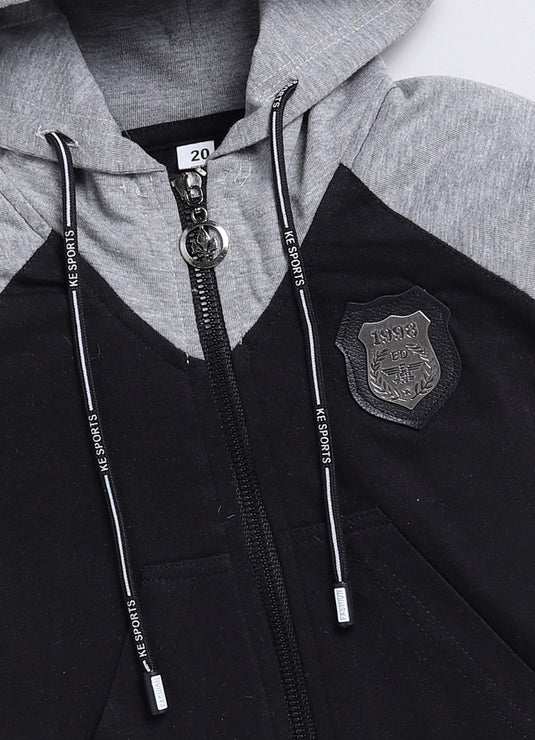 Streetwear Zipper Cotton Sinker Hoodie & Jogger Full Sleeves Clothing Set (Grey & Black)