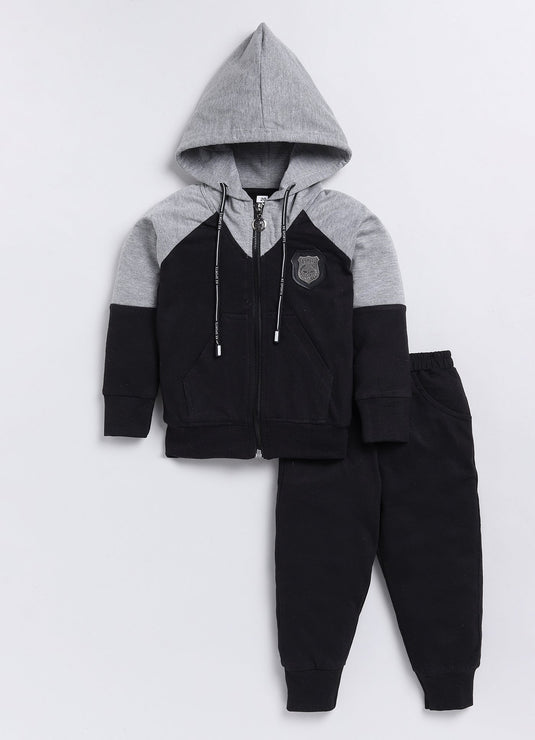 Streetwear Zipper Cotton Sinker Hoodie & Jogger Full Sleeves Clothing Set (Grey & Black)