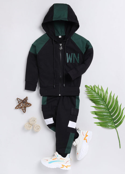 Streetwear Zipper Cotton Sinker Hoodie & Jogger Full Sleeves Clothing Set (Bottlegreen & Black)