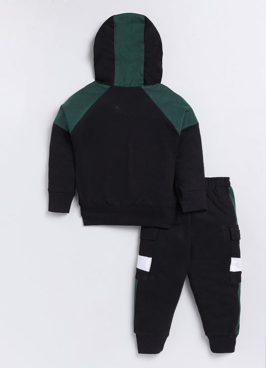 Streetwear Zipper Cotton Sinker Hoodie & Jogger Full Sleeves Clothing Set (Bottlegreen & Black)