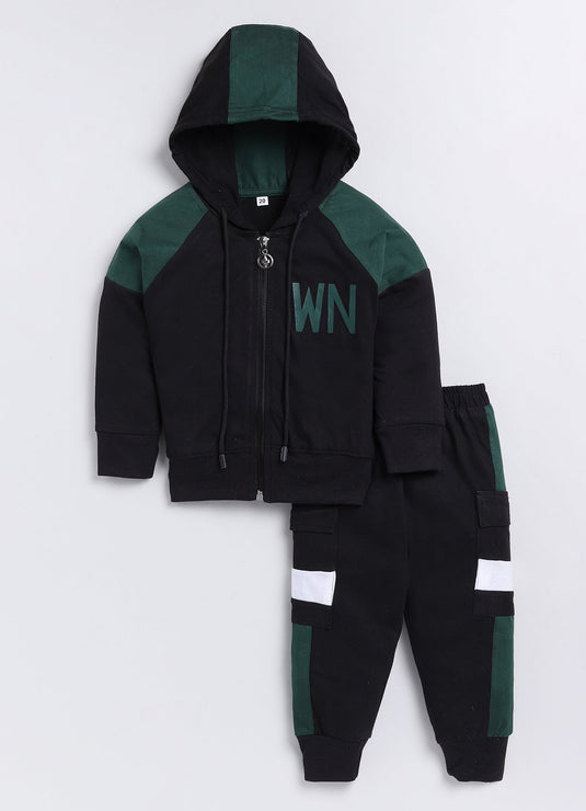 Streetwear Zipper Cotton Sinker Hoodie & Jogger Full Sleeves Clothing Set (Bottlegreen & Black)