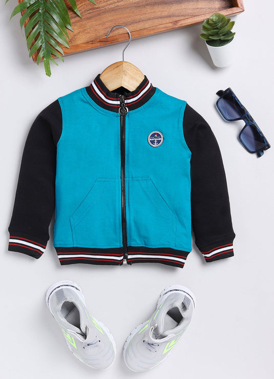 All season Streetwear Cotton Sinker Full Sleeves  Jacket SeaGreen & Black