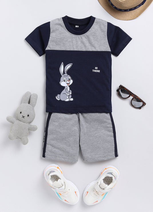 Bunny Print Cotton Sinker Tee & Pant Full Sleeves Clothing Set (Grey & Navy)