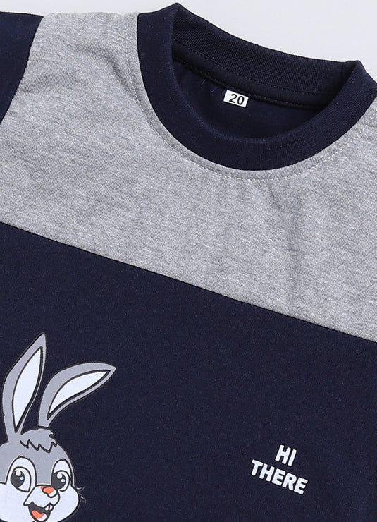 Bunny Print Cotton Sinker Tee & Pant Full Sleeves Clothing Set (Grey & Navy)