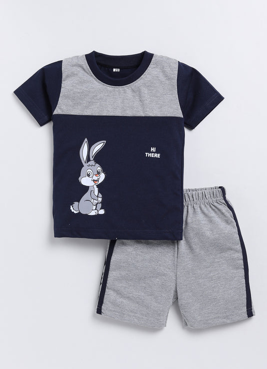 Bunny Print Cotton Sinker Tee & Pant Full Sleeves Clothing Set (Grey & Navy)
