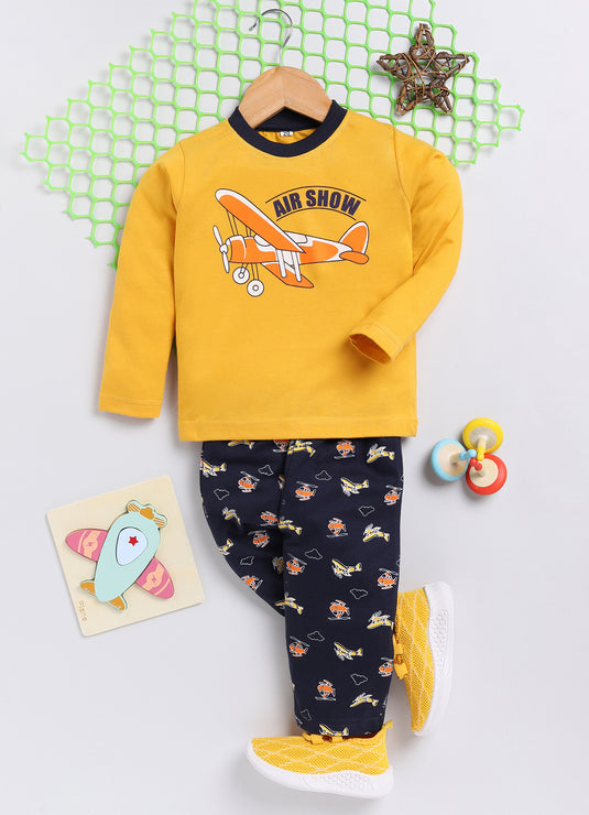 Airshow Print Cotton Sinker Nightwear Full Sleeves Clothing Set