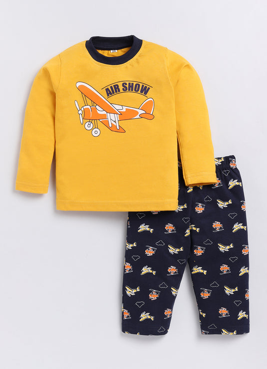 Airshow Print Cotton Sinker Nightwear Full Sleeves Clothing Set