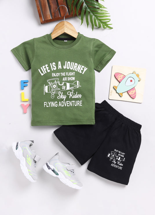 Kids' Olive Green T-Shirt and Shorts Set for kids Boys - Life is a Journey"