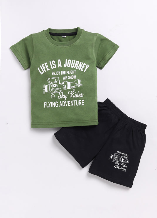 Kids' Olive Green T-Shirt and Shorts Set for kids Boys - Life is a Journey"