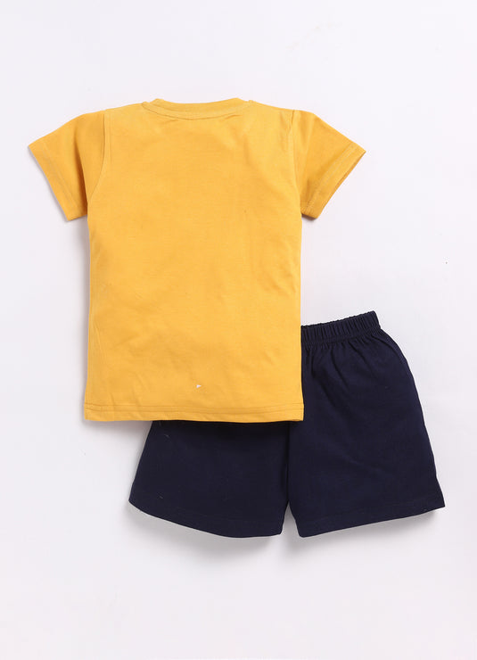 Sunshine Explorers Mustard T-shirt & NavyBlue Printed Shorts Set for kids Boys
